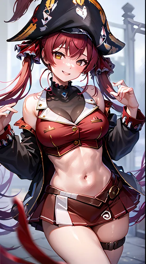 1girl, solo, ((houshou marine)), long twintails, (red hair ribbon), large breasts, smiling, thighs, pirate hat, red miniskirt,