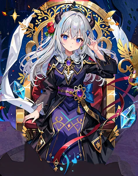 A beautiful maiden,Long silver-gray hair,Wearing a gorgeous long dark blue dress,The long dress has gorgeous gold patterns,sitting on an royal throne,Look ahead,Left hand raised,Serious face, blue djinn, high detailed official artwork, ornate supreme demon...