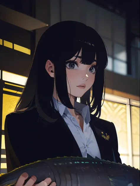 ((((Holding a big fish by the lakeside)))),((Best Quality, masutepiece :1.3)),((( Large Mouth Bass))),hight resolution,ultra-detailliert,Beauty and aesthetics,masterpiece,best qualtiy,(1 Japanese woman),Black hair, long eyeslashes, Solid Circle Eyes, dead...