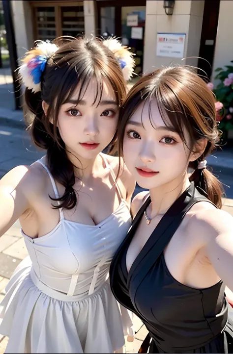 shukezouma, rendering by octane, hdr, (ultra - detailed:1.15), (Soft light, Sharp:1.2), (((duo,Two women in costume take selfies on the street,colorful pigtail, anime cosplaying,))),Beautiful girl, hyper detail eyes, mature, Painting drops, paint teardrops...