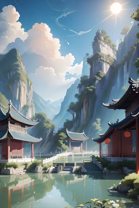 an ancient chinese painting, ancient chinese background, mountains, rivers, auspicious clouds, pavilions, sunshine, masterpieces...