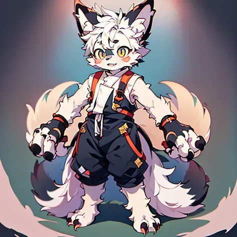 furry dogs forelimb hands hindlimb legs and feet standing shota little boy overall white head, arms, body, legs with bluish blac...