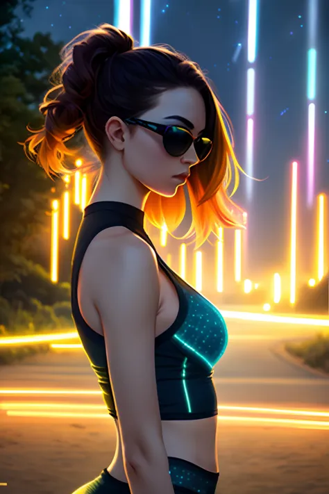 rgb, from_above, crop top, detailed face, yellow bodycon tank top, hair, park, sky, trees, pale skin, moonlight, stars, 1girl, s...