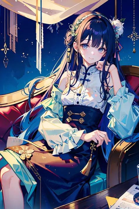 (Wallpapers+illustration):Zhixia sat on the sofa in the consultation room,Gentle smile,Large curls scattered over the shoulders,Cyan eyes are full of care and understanding。Psychological support,hand sign,Gentle voice,Soothing action,Provide them with help...