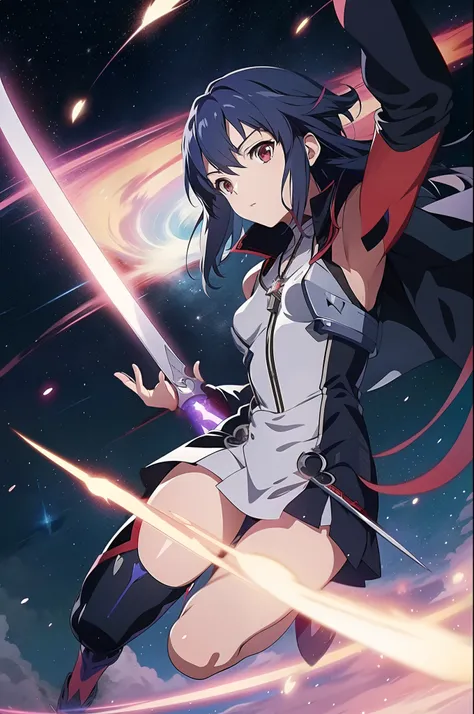 anime girl with sword in space with stars and spirals, official anime artwork, official anime key visual, ryuko matoi, official ...