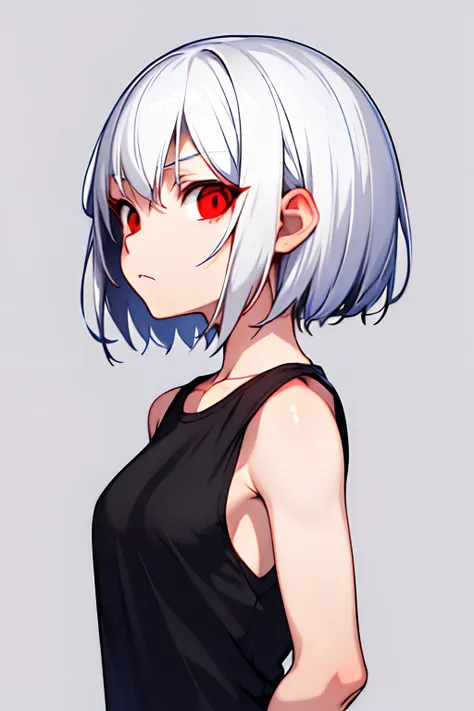 1girl, solo, white hair, red eyes, short hair, medium breasts, black tshirt, streetwear, masterpiece, best quality, upper body, ...