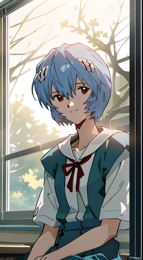 1 girl, ayanami, evangelion, 8k, best quality, school uniform, classroom, gentle smile, sitting in chair, looking out the window...