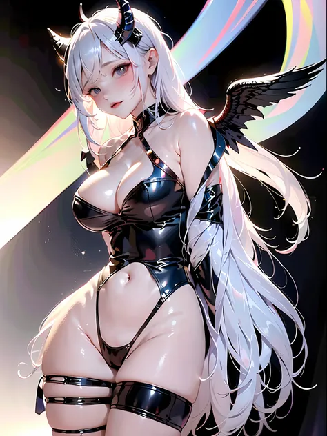 1girl, huge breasts focus, solo, horns, long hair, albedo (overlord), wings, large breasts, dress, hip vent, black wings, white gloves, gloves, looking at viewer, black hair, white dress, bare shoulders, hair between eyes, yellow eyes, feathered wings, dem...