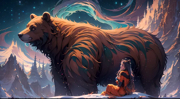 beneath the mystical glow of the northern lights, a young woman reclines gracefully on the back of a majestic brown bear. they r...