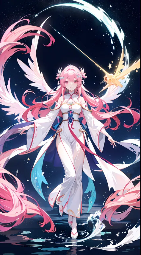 long pink hair and hanfu standing in the water，（hanfu：1.3） beautiful celestial mage, anime fantasy illustration, anime goddess, ...