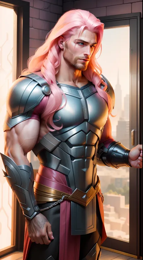 "in a barbie world, a man wearing a thor suit, with a touch of pink.",look like men, realistic