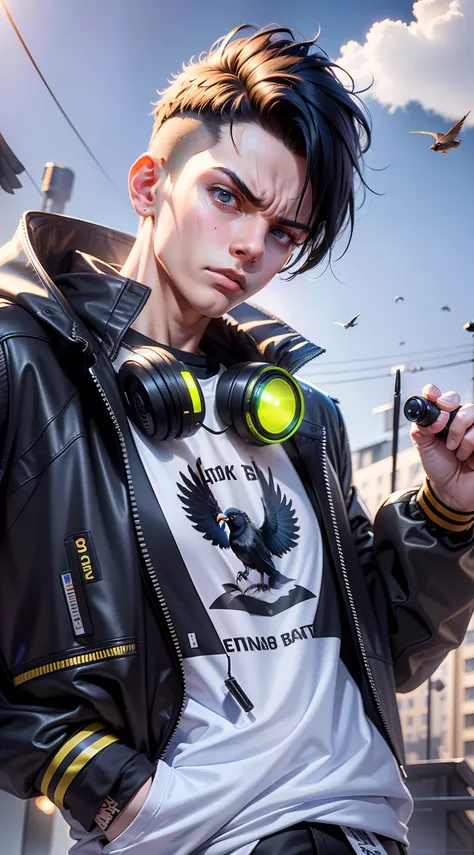 ((8k resolution)), ((character)), 1boy, 20y.o, black jacket, waite t-shirt,angry face, earphon on a neck,pistol on a arm, wait a...