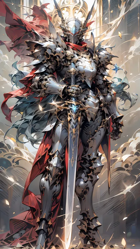 (Realism, photo realism: 1.3), (lens focal length: 35mm), backlight, a knights mechanical armor, luxurious and exquisite shape, a blue glowing cross carved on the chest of the mecha, the mecha holds a red glowing wide and heavy armor sword, the red scarf s...