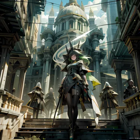obra prima, cidade futuristas, pessoas no fundo do cenario, armed with a revolver, Cyberpunk, Ultra realista, Como uma Yael Shelbia, ..3d, 3D-rendering, porcelana, latex, melhor qualidade, anatomia humana, cabelo verde escuro, cabelos reais verde escuros, ...