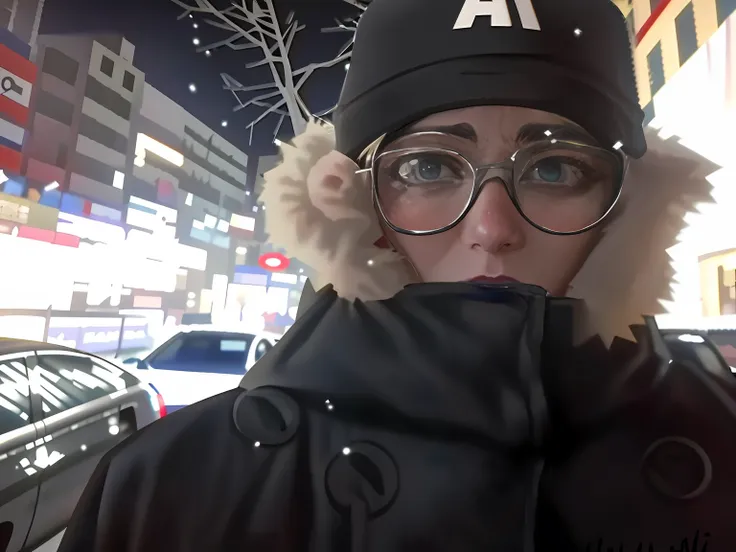 Alafard woman wearing New York Yankees hat and glasses, In the middle of the city, low quality footage, wandering in the city, Cold, Extreme cold, In the city, low quality video, park jimin, frozen cold stare, in a hood, wearing a fisher 🧥, cold as ice! 🧊,...