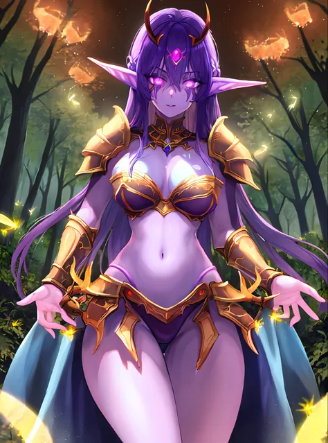 masterpiece, detailed, high quality, absurdres, nightelf, 1girl, solo, purple hair, white eyes, blue skin, glowing eyes, (no pup...