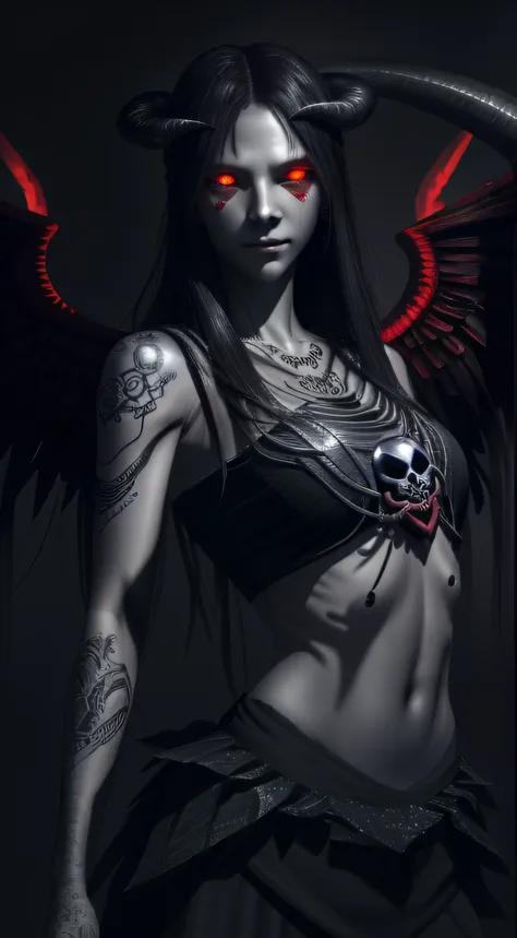 lolo pechka,view the viewer, (demon girl), demon wings, (gray skin:1.2), evil smile, black hair, chest tattoo, (red ilumination)...