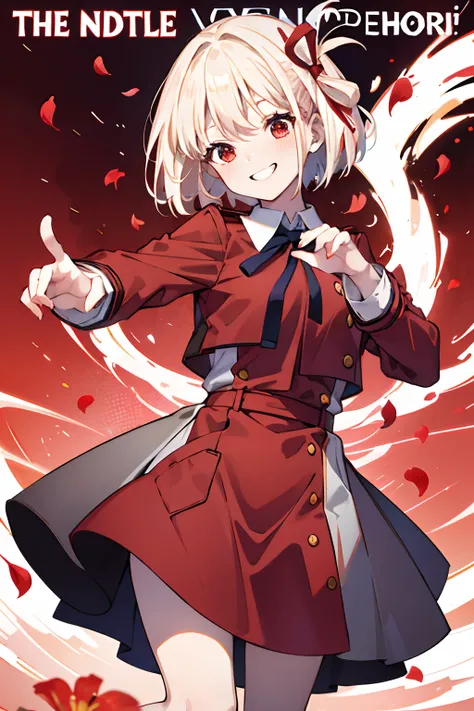 Magazine covers、masterpiece、top-quality、full body Esbian、Female one、bangss、platinum-blonde、red school uniform、red blush、breastsout、Y shirt、cowboy shot、dress shirts、Eyebrows visible through the hair、Grinning、Bob Hair、Viewers Perspective、Navy blue tie ribb...
