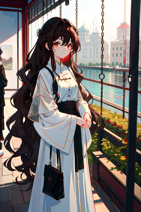 2. the character：zhixia wears an off-white simple and elegant outfit，stand in the art gallery，big wavy curls of dark brown swing...