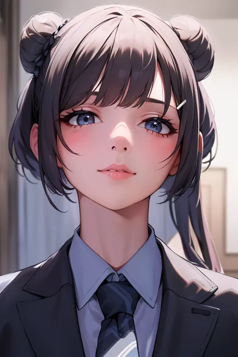 1girl,  hairclip, necktie,collared shirt, white shirt,garter straps , colorful theme, (best quality, high quality, high resolution), realistic, ultra-detailed, highly detailed face features, absurdres,realistic lighting and reflections, highly detailed fac...