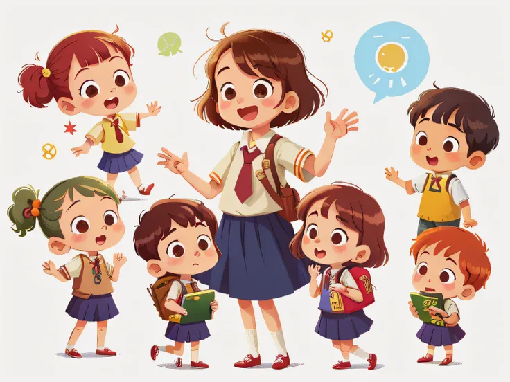 illustration, masterpiece, best quality, School teacher with several students (girls and boys) standing, They wave at us, in school uniform, from opposite, Happy, full body, in the style of childreb book charecter, charecter sheet, white background, adject...