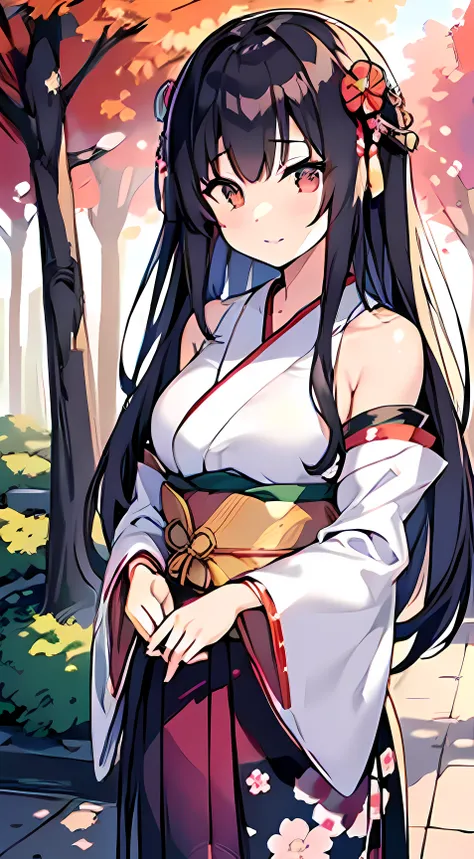 hakama skirt, yamato nadeshiko, 1girl, solo, outdoor, cute japanese model girl, very long hair, floral print, hair ornament, kimono, hakama, bangs, detached sleeves model, bare shoulder, (masterpiece, best quality, HD Pictures, 4K:1.4), gentle look, gentle...