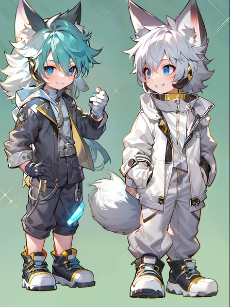 game cg，4k quality，((younge boy))，juvenile sense，anime male protagonist，wolf ears，beast tail，toothy smile，locomotive goggles，whi...