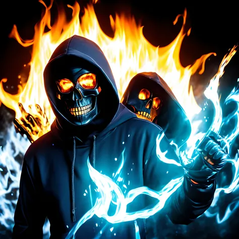 Solo, Blue eyes, 1boy, Upper body, Male Focus, skull, hoods, Mask, blazing, fire, Black background, gauntlets, cloaks, 1other, Hood Up、Milky way、Splash、Irridescent color