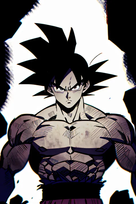 son goku, 1boy, closed mouth, male focus, muscular, muscular male, rock, sash, serious, solo, spiked hair, topless male, torn cl...