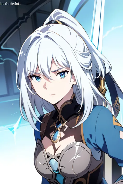 Female, 17 years old, bright blue eyes, squinting eyes, short silver hair, crystal earring in left ear, Detailed face pale skin, simple brown adventurous outfit, white robe, holding crystal sword, white background, front camera