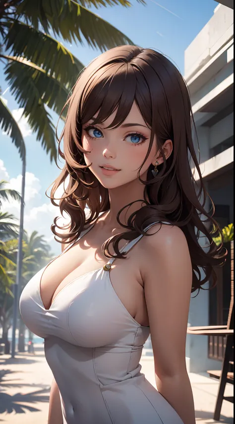 Realistic, best quality, masterpiece, Sexy beautiful young girl in a beautiful white modern stylish sleeveless dress, long wavy brown hair, blue eyes, parted lips, under a palm tree, shadows, tyndall efdect, god rays, bright day, outdoors, light pleasant s...