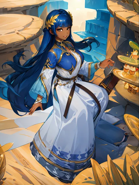 masterpiece, best quality, 1girl,(dark_skin:0.2), cute pose, smiling, white robes, long skirt, ((((desert)))), oasis, looking at viewer, holding a book, beautiful scenery, pyramids, long hair, dynamic pose, ultra-detailed, unity 8k HD wallpaper, sunny,huge...