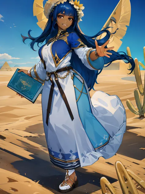 masterpiece, best quality, 1girl,(dark_skin:0.2), cute pose, smiling, white robes, long skirt, ((((desert)))), oasis, looking at viewer, holding a book, beautiful scenery, pyramids, long hair, dynamic pose, ultra-detailed, unity 8k HD wallpaper, sunny,huge...