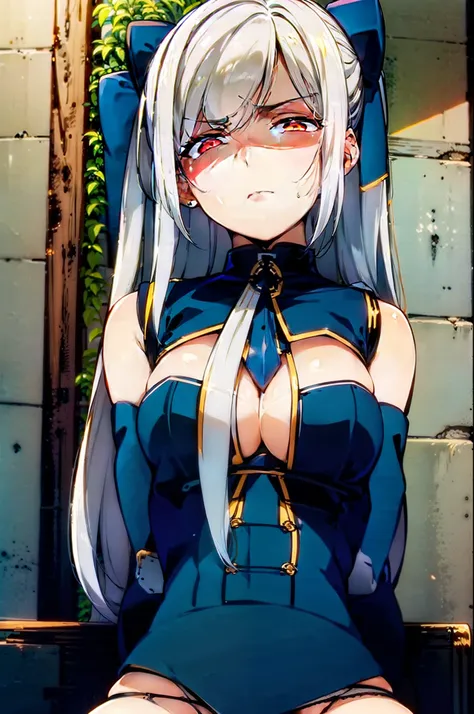 full body,shibari,bondage,tied up,white hair,disgust,looking down on viewer,sitting on the chair,naked