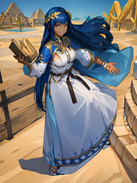 masterpiece, best quality, 1girl,(dark_skin:0.2), cute pose, smiling, white robes, long skirt, ((((desert)))), oasis, looking at viewer, holding a book, beautiful scenery, pyramids, long hair, dynamic pose, ultra-detailed, unity 8k HD wallpaper, sunny,huge...
