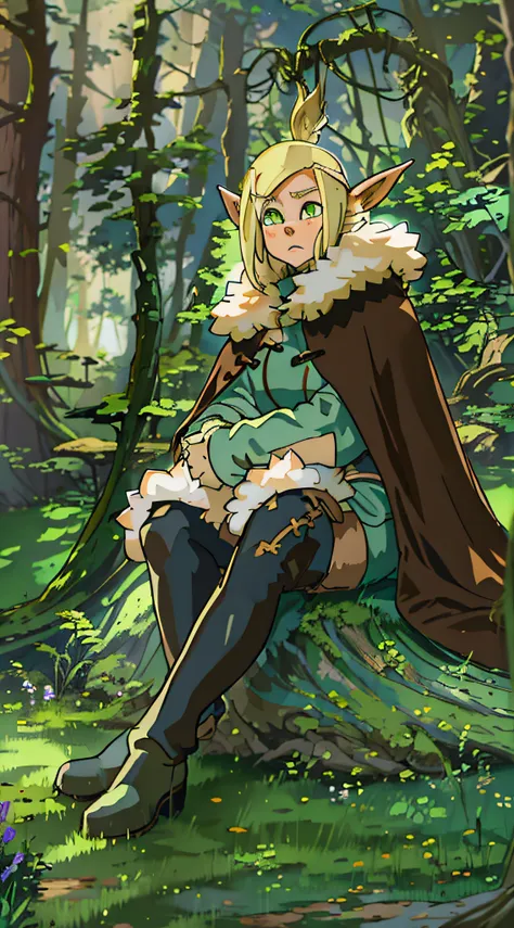 masterpiece, best quality, evangelyneyoung, fur cape, 1girl, blonde hair, boots, day, forest, fur trim, gloves, green eyes, log,...