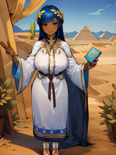 masterpiece, best quality, 1girl,(dark_skin:0.2), cute pose, smiling, white robes, long skirt, ((((desert)))), oasis, looking at viewer, holding a book, beautiful scenery, pyramids, long hair, dynamic pose, ultra-detailed, unity 8k HD wallpaper, sunny,huge...