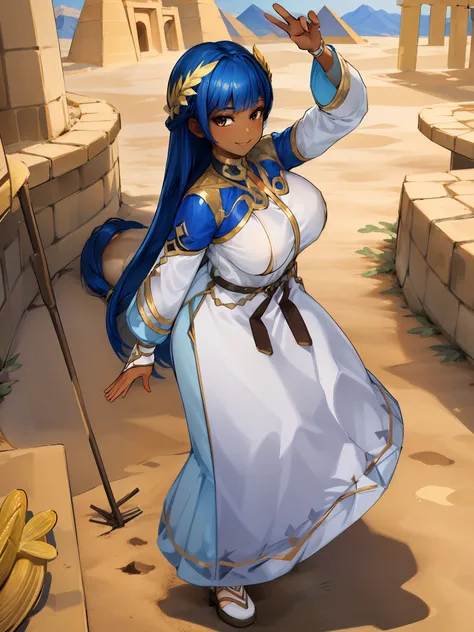 masterpiece, best quality, 1girl,(dark_skin:0.2), cute pose, smiling, white robes, long skirt, ((((desert)))), oasis, looking at viewer, holding a book, beautiful scenery, pyramids, long hair, dynamic pose, ultra-detailed, unity 8k HD wallpaper, sunny,huge...