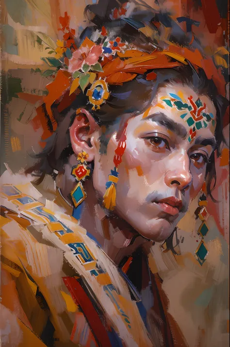 potala palace in tibet，handsome tibetan boy，tibetan costumes，passionate，dance，cabelos preto e longos，red face，oil painted，inks，a...