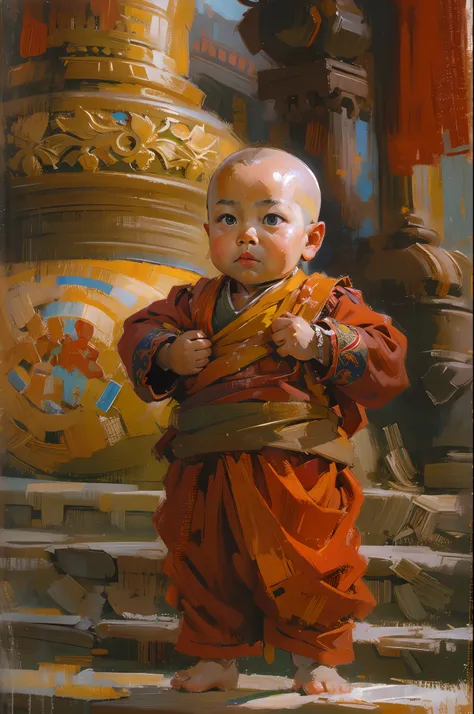 potala palace，cute cute and serious baby boy living buddha，tibetan buddhist costumes，bald-headed，red face，and the sun was shinin...