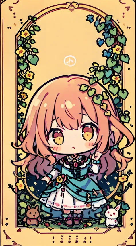 chibi、a girl solo:1.5、full body esbian、cute little、a pink-haired、the long-haired、golden eyes、beautidful eyes、rabbitears、tarot ca...