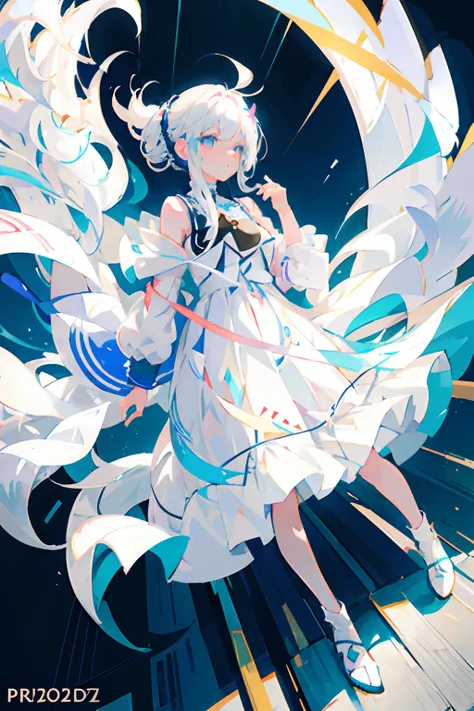 anime girl with white hair and blue eyes in a white dress, white haired god, digital art at pixiv, white dress!! of silver hair,...