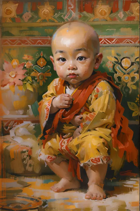 potala palace，cute cute and serious baby boy living buddha，tibetan buddhist costumes，bald-headed，buddha，sit cross-kneeled，red fa...