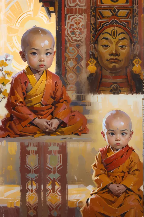 potala palace，cute cute and serious baby boy living buddha，tibetan buddhist costumes，bald-headed，red face，and the sun was shinin...