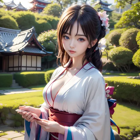 High quality、25Pretty woman of year old、Slender beauty、Wear a traditional kimono with gorgeous Japan、Hairpin、Geta、Expensive obi、Big beautiful blue eyes、Detailed cute face、(((独奏)))、Dignified behavior、Gion、Kiyomizu-dera Temple、under a cherry blossom tree