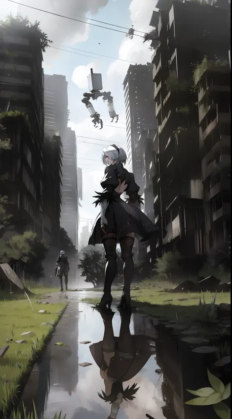 yorha no. 2 type b, 1girl, absurdres, black blindfold, black dress, black hairband, blindfold, blue sky, boots, building, city, ...