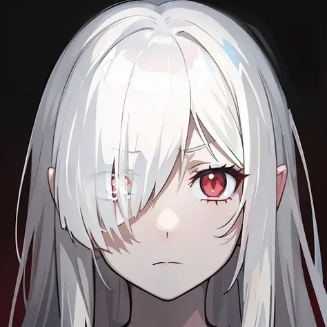 a  girl. red-eyes. white colored hair. an indifferent face. pale skin. snow-white hair. bare neck