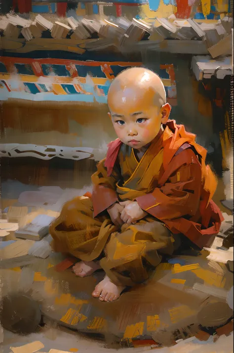 shigatse, tibet，cute cute and serious baby boy living buddha，tibetan buddhist monk clothing，bald-headed，buddha，sit cross-kneeled...