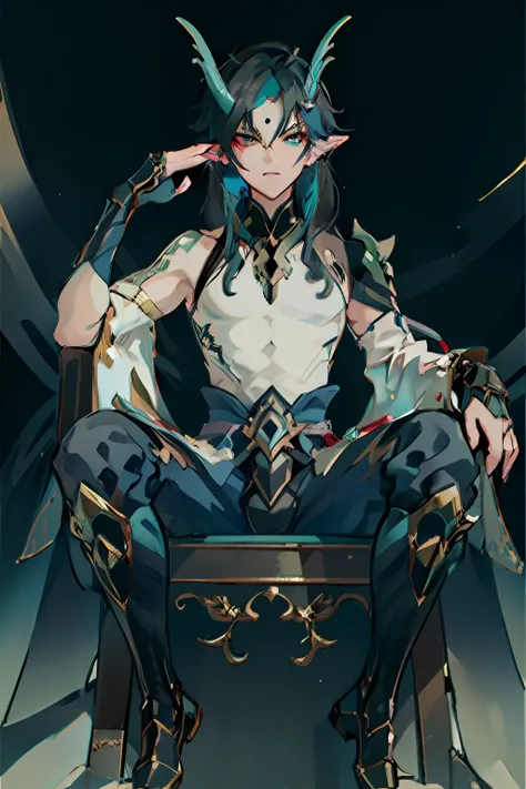 (absurderes,A high resolution,Hyper-detailing,hdr),Dragons horn,tmasterpiece,best qualtiy,1人,独奏,Handsome,Golden eyes,Fine eyes and detailed face,toppless,Tattooed with,arma,seated on a throne,pervert smirk,Abs,chest muscle,Raised sexy,Ruffian,Full body pho...