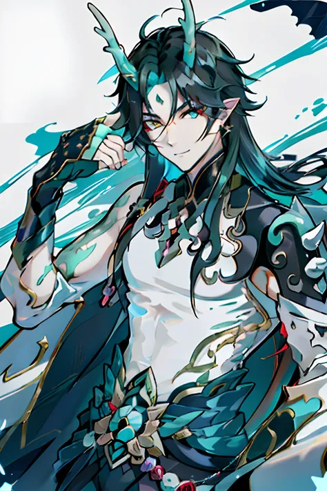 (absurderes,A high resolution,Hyper-detailing,hdr),Dragons horn,tmasterpiece,best qualtiy,1人,独奏,Handsome,Golden eyes,Fine eyes and detailed face,toppless,Tattooed with,arma,pervert smirk,Abs,chest muscle,Raised sexy,Ruffian,